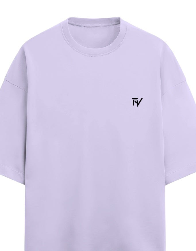 Fourthwave unisex oversized tee in light purple, made from 90/10 cotton polyester terry-knit fabric with drop shoulders and a small black logo.