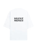 Fourthwave white oversized tee with "SILENT MONEY" graphic on back. Made of 90/10 cotton polyester terry knit.
