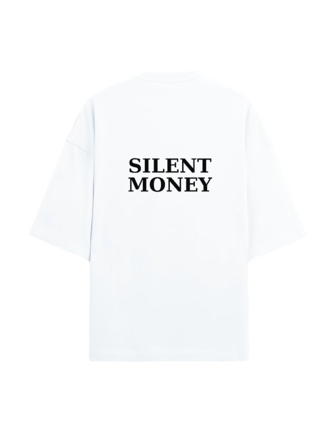 Fourthwave white oversized tee with "SILENT MONEY" graphic on back. Made of 90/10 cotton polyester terry knit.