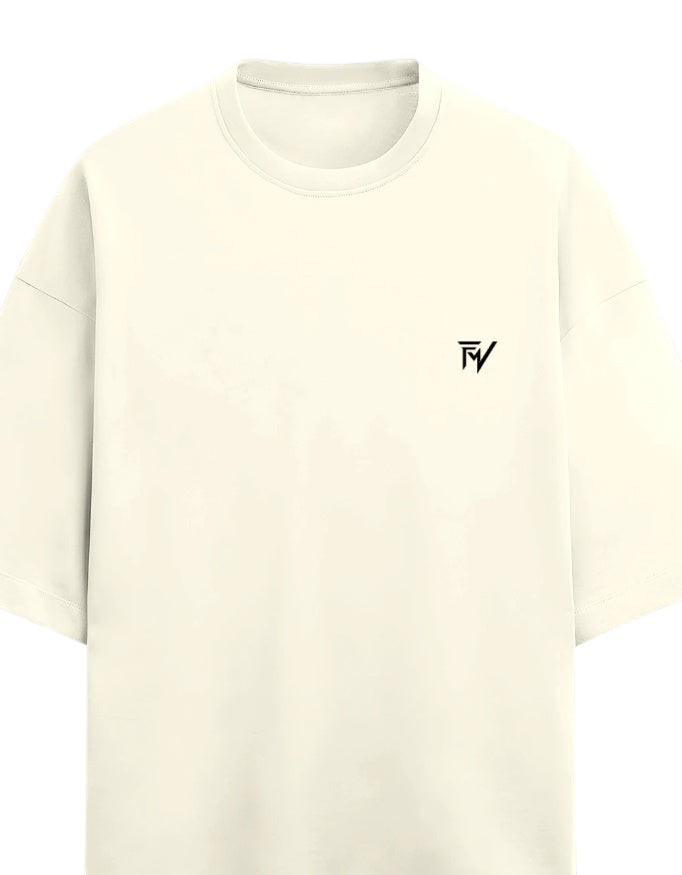 Fourthwave cream oversized terry knit t-shirt with drop shoulders and small black logo on chest.