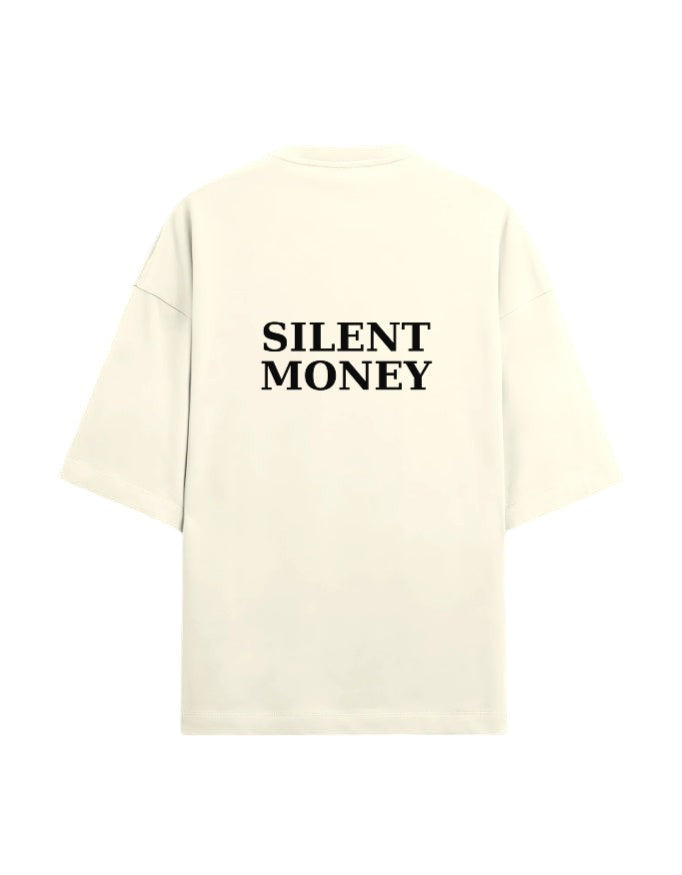 Fourthwave cream oversized terry knit t-shirt with black 'SILENT MONEY' graphic on back. Unisex fit.