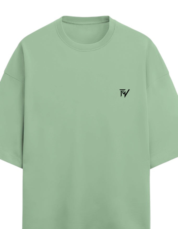 Fourthwave light green unisex oversized terry knit t-shirt with drop shoulders and a small black logo on the chest.