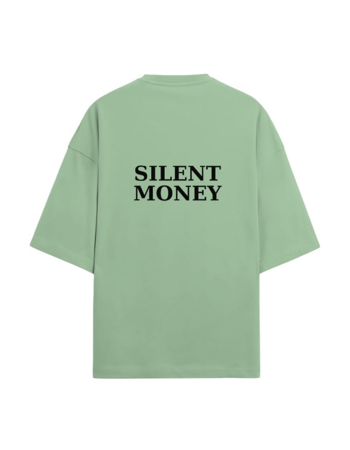 Fourthwave light green oversized terry knit t-shirt with "SILENT MONEY" graphic on back. Cotton-polyester blend.
