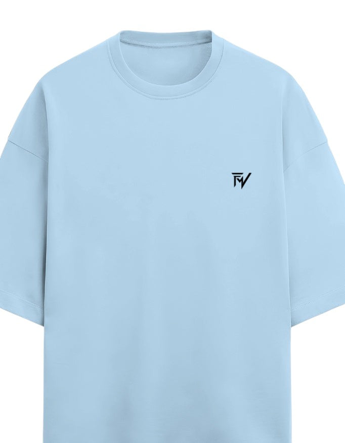 Fourthwave light blue oversized terry knit t-shirt with drop shoulders and a small black logo on the chest.