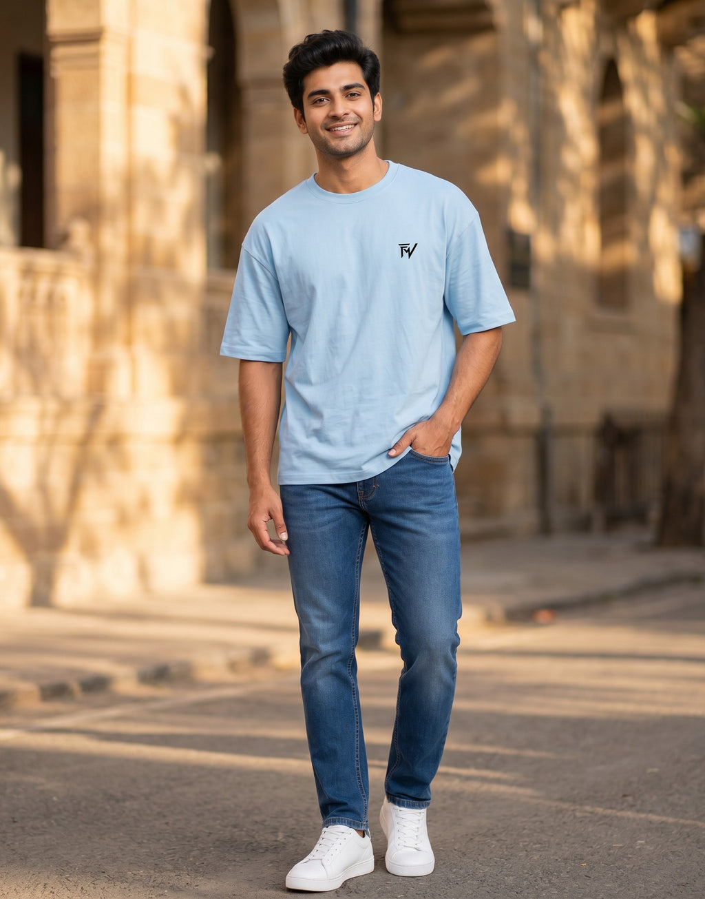 Fourthwave light blue oversized terry knit t-shirt with drop shoulders and a small black logo on the chest.