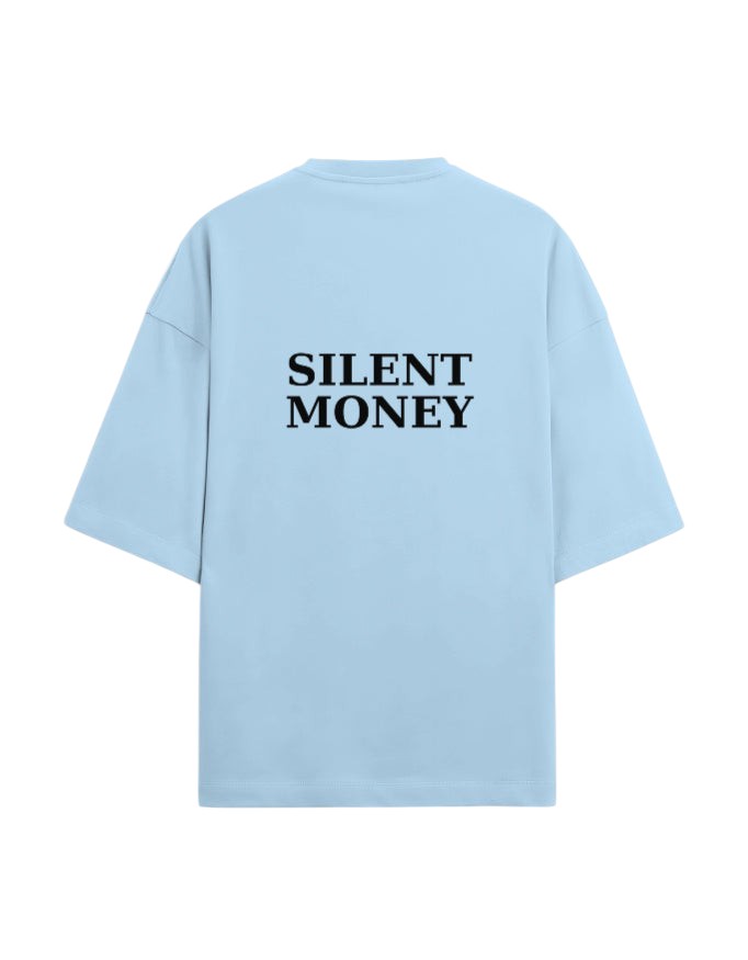 Fourthwave light blue oversized terry knit t-shirt with black "SILENT MONEY" graphic on back.
