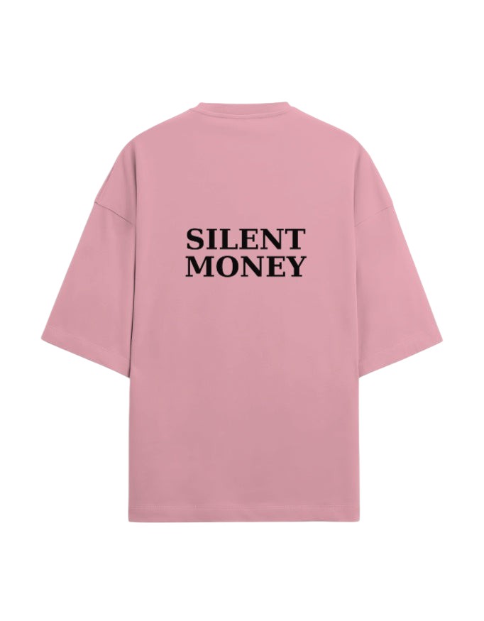 Fourthwave pink oversized terry knit t-shirt with "SILENT MONEY" graphic on back. 90/10 cotton polyester.