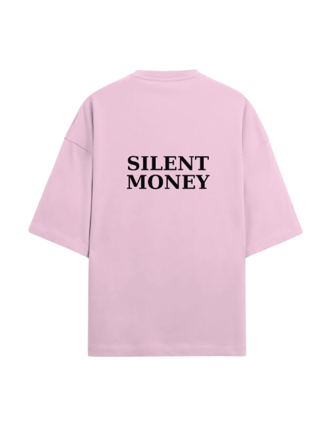 Fourthwave pink oversized terry knit t-shirt with drop shoulders and black "SILENT MONEY" graphic on back.