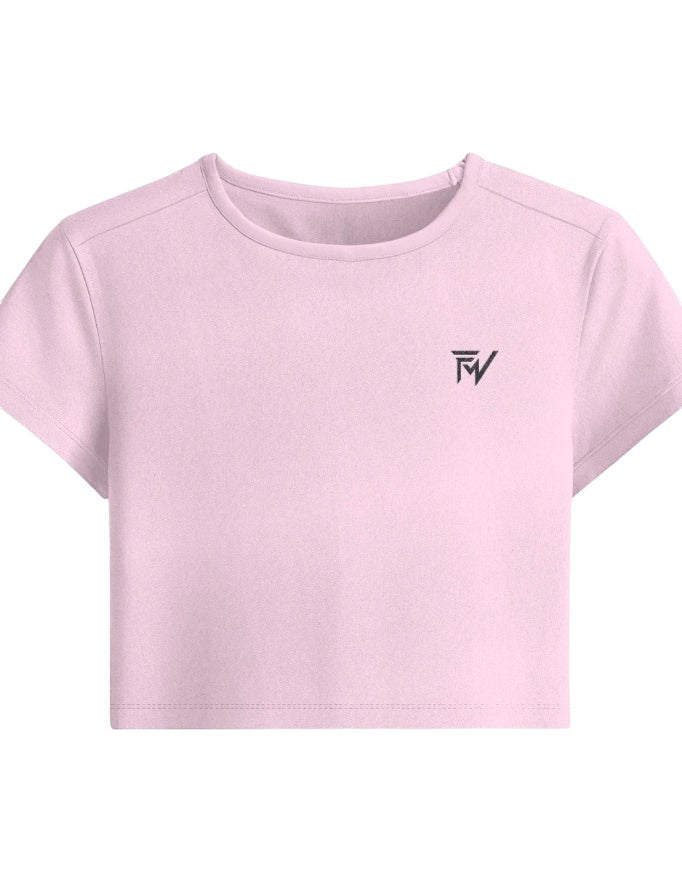 Fourthwave light pink cotton-spandex baby tee with crew neck and embroidered logo. Cropped fit.