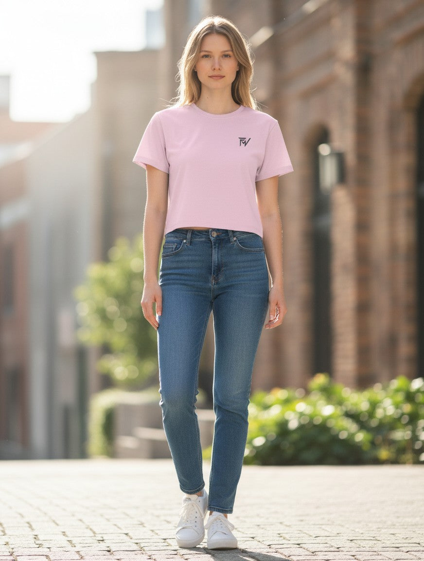 Fourthwave pink cotton spandex baby tee with crew neck and embroidered logo. Cropped fit.