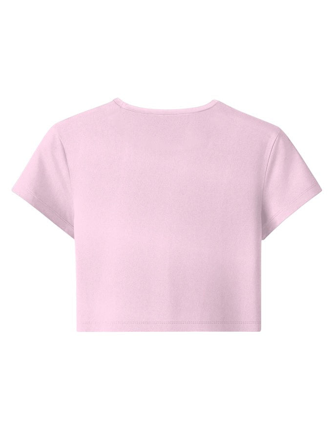 Fourthwave light pink cotton-spandex baby tee with a bio-wash finish for softness. Cropped, body-hugging fit.