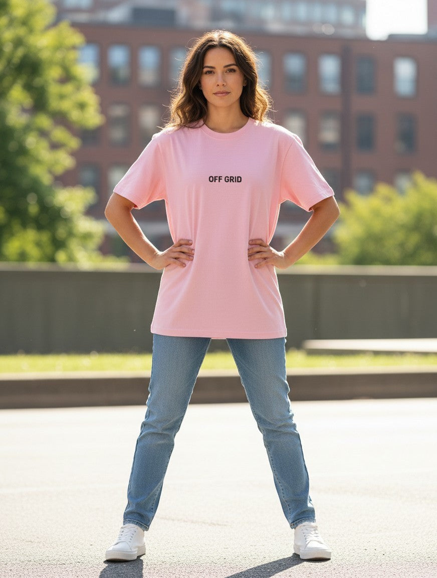 Fourthwave pink 100% cotton unisex crew neck t-shirt with "OFF GRID" text graphic on front.