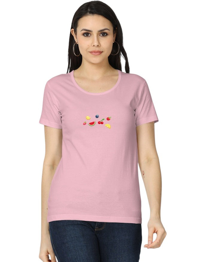 Fourthwave women's pink 100% cotton t-shirt with a small embroidered fruit pattern including watermelon, cherries, blueberries, and lemon slices.