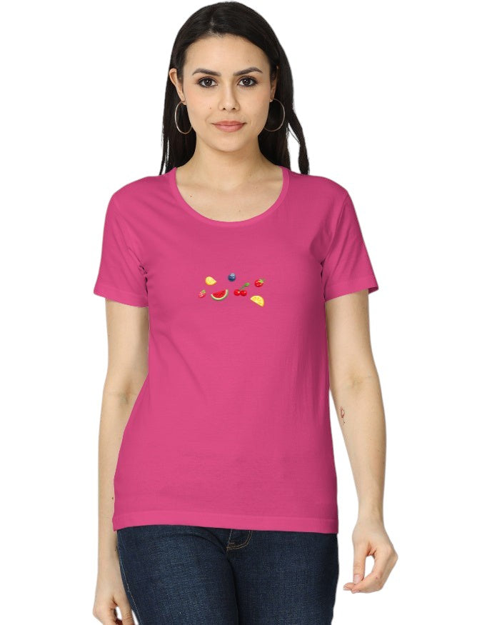 Fourthwave women's pink 100% cotton t-shirt with a scoop neck and a small fruit graphic print.