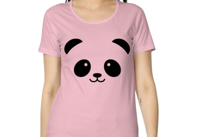 Fourthwave women's pink 100% cotton t-shirt with a cute black panda face graphic. Regular fit.