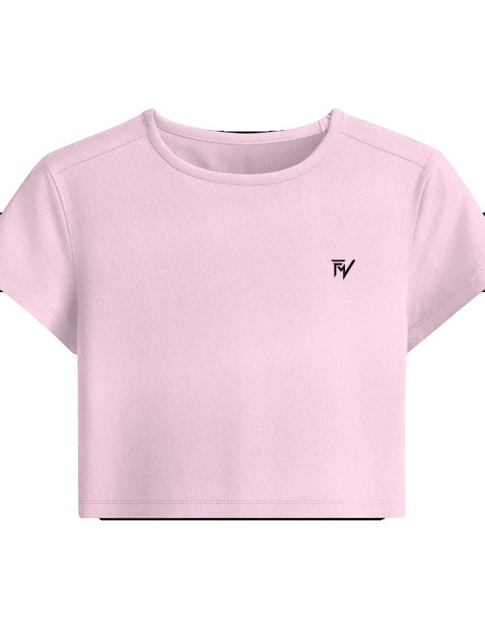 Fourthwave pastel pink cropped t-shirt with crew neck and embroidered logo on chest.