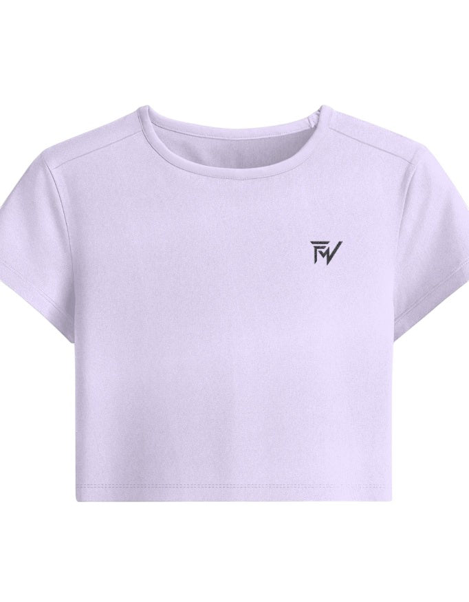 Fourthwave light purple bio-washed cotton spandex baby tee with black logo.