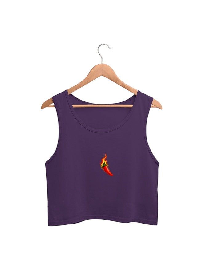 Fourthwave purple cotton crop tank with a red chili pepper on fire graphic. Sleeveless, crew neck, and cropped fit.