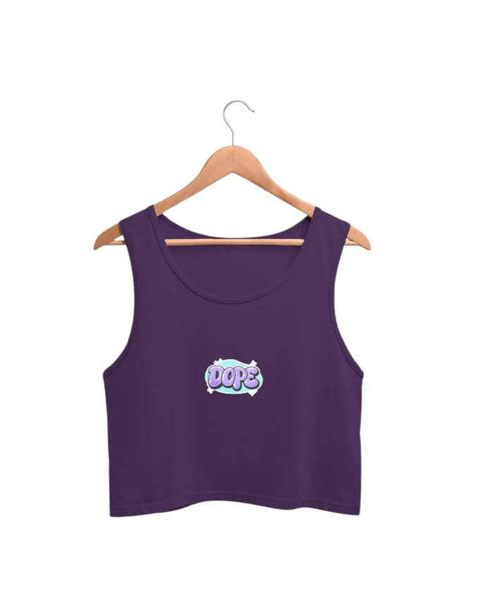 Fourthwave purple cotton crop tank top with "DOPE" graphic detail