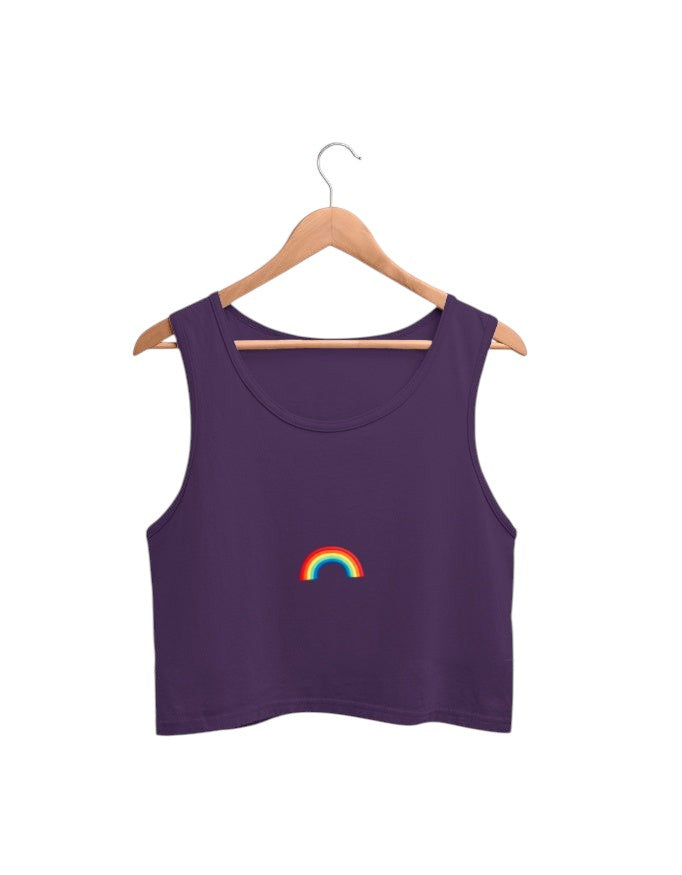 Fourthwave purple cotton crop tank top with a small rainbow graphic on the chest. Sleeveless, crew neck.