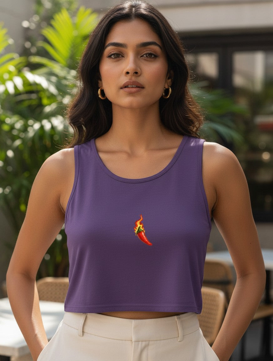 Fourthwave purple cotton crop tank top with a red chili pepper on fire graphic on the chest. Sleeveless, crew neck.