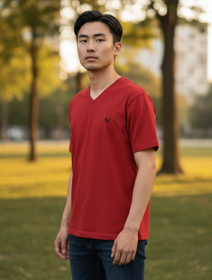 Fourthwave red 100% cotton unisex V-neck t-shirt with small black logo on chest.