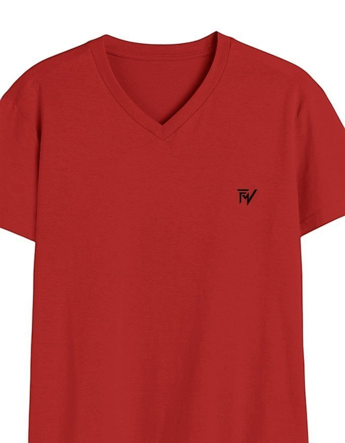 Fourthwave red 100% cotton unisex V-neck t-shirt with a small black logo on the left chest.