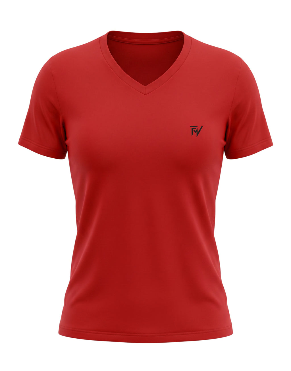 Fourthwave red 100% cotton unisex V-neck t-shirt with small black logo on chest.