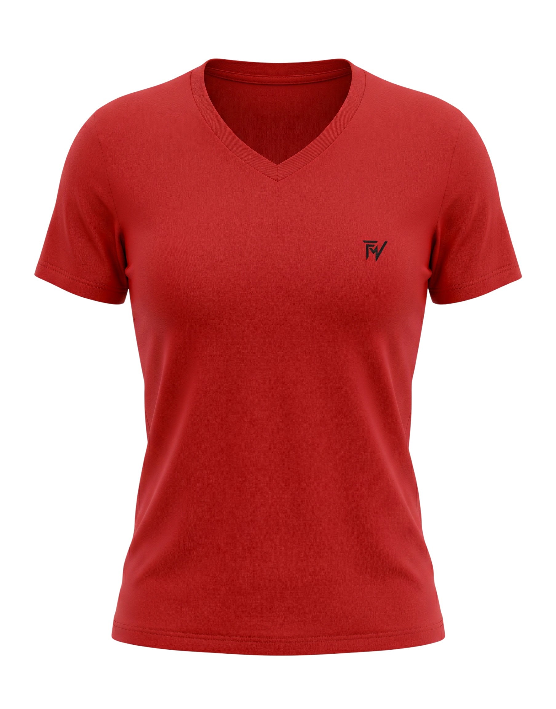 Fourthwave red 100% cotton unisex V-neck t-shirt with small black logo on chest.