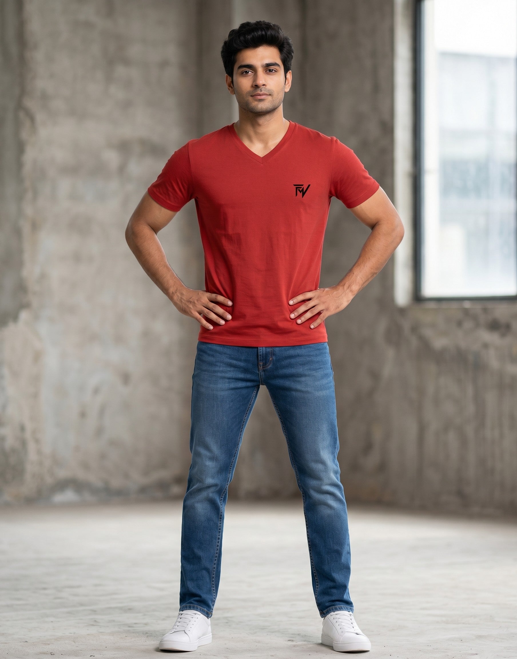 Fourthwave red 100% cotton unisex V-neck t-shirt with small black logo on chest. Smooth knit fabric.