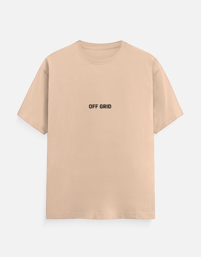 Fourthwave Unisex Classic Crew T-Shirt in beige 100% cotton with "OFF GRID" printed on the chest.