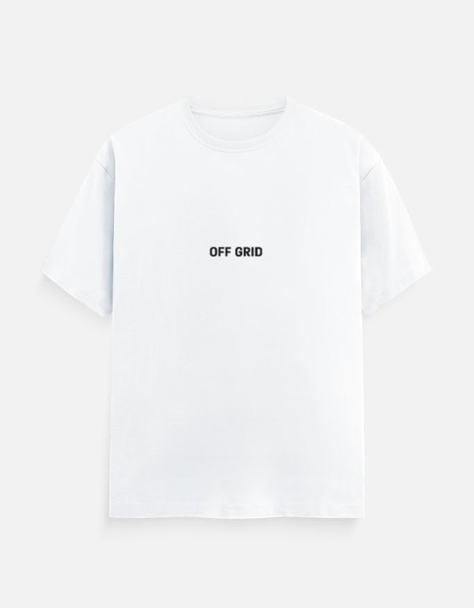 Fourthwave Unisex Classic Crew T-Shirt in white 100% cotton with "OFF GRID" printed on the chest.