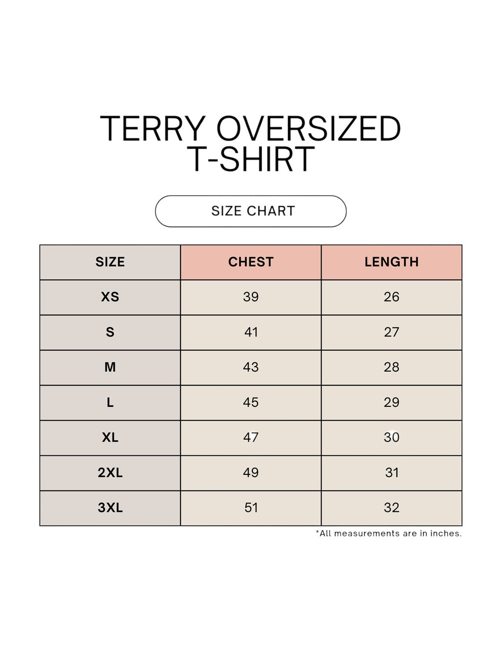 Fourthwave Unisex Terry Oversized Tee size chart with chest and length measurements for sizes XS to 3XL.