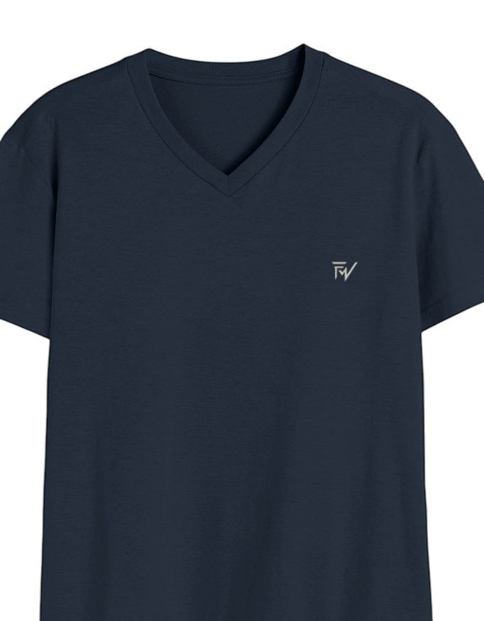 Fourthwave navy blue 100% cotton unisex V-neck t-shirt with embroidered logo on chest.