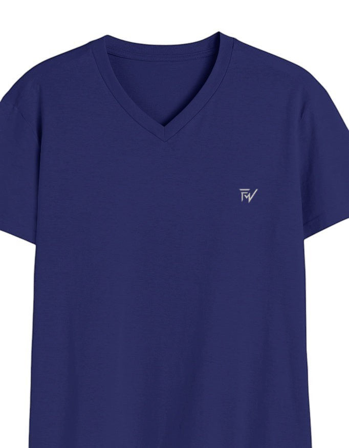 Fourthwave navy blue 100% cotton unisex V-neck t-shirt with embroidered logo on chest.