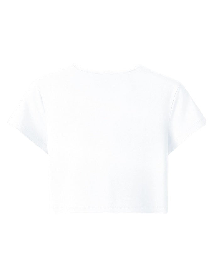 Fourthwave white cotton spandex baby tee, cropped fit, bio-washed for softness, breathable and gentle on skin.