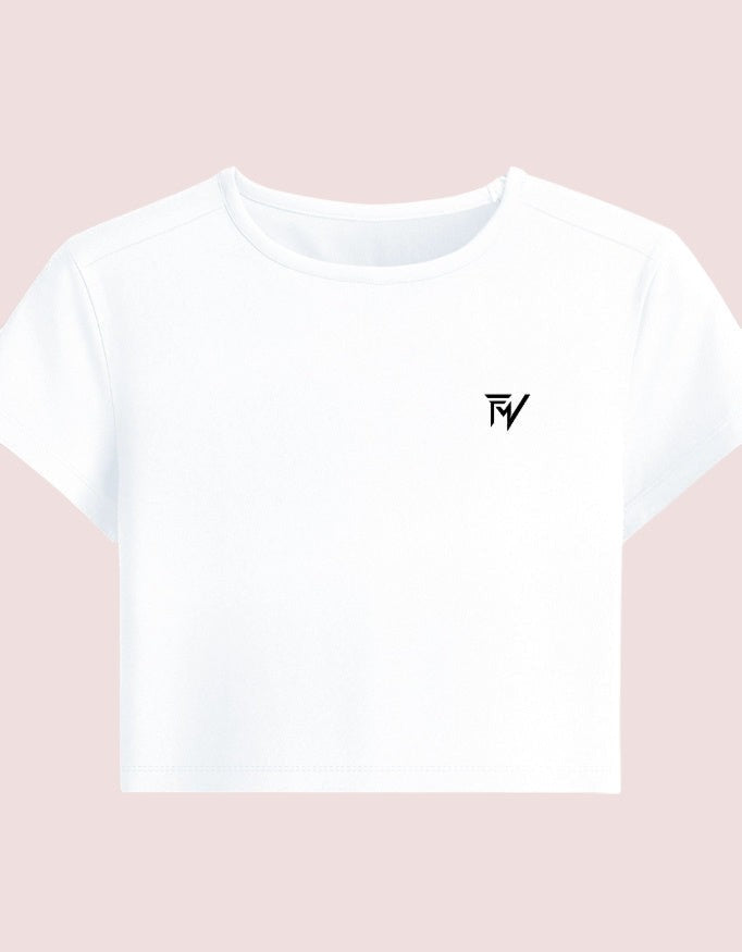 Fourthwave white cotton spandex baby tee with a bio-wash finish and a small black logo on the chest.