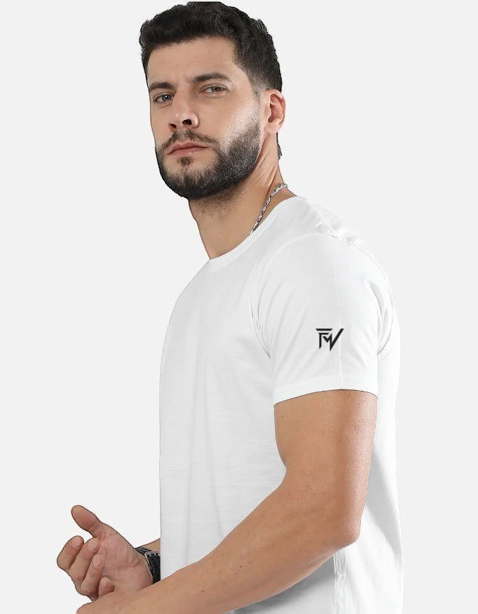 Fourthwave white 100% cotton crew neck t-shirt with black logo detail on sleeve. Unisex fit.