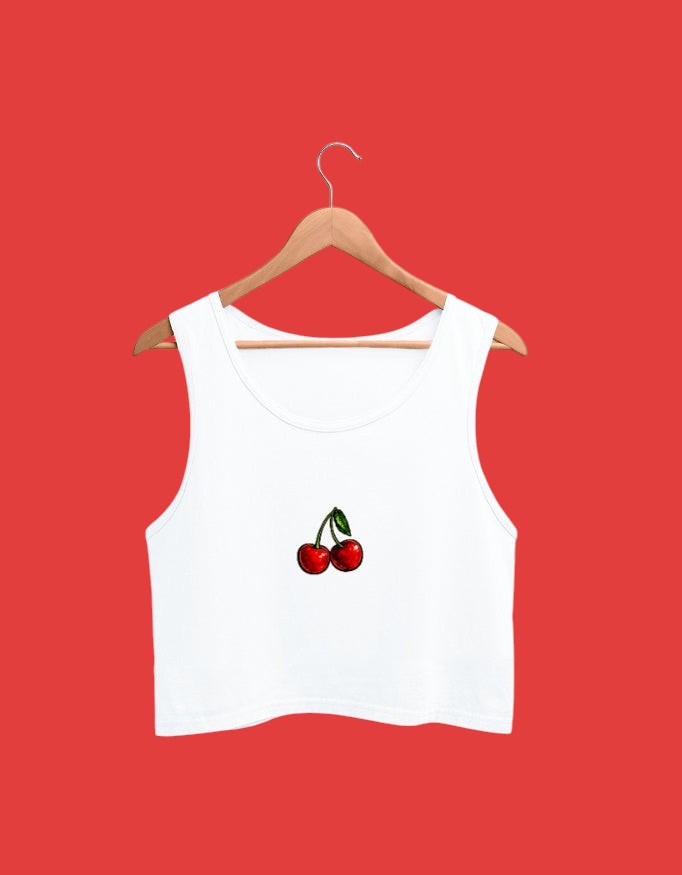 Fourthwave white cotton cropped tank top with a small cherry graphic on the chest.