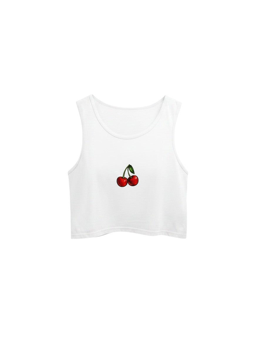 Fourthwave white cotton crop tank top with a small cherry graphic print on the chest.