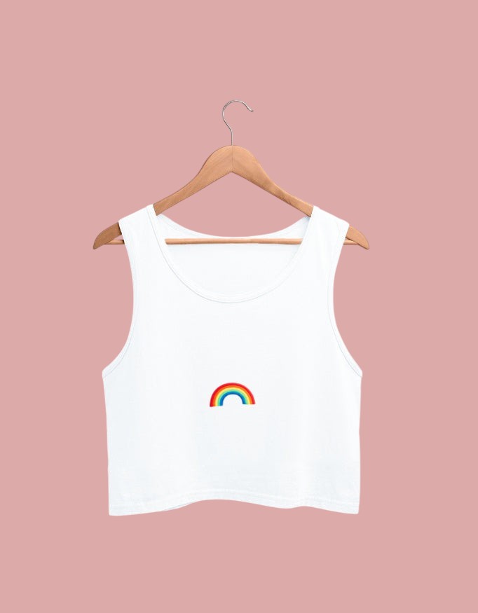 Fourthwave white cotton cropped tank top with a small embroidered rainbow detail on the chest.