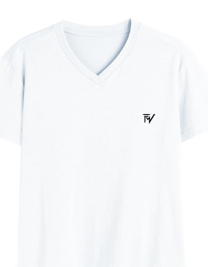 Fourthwave white 100% cotton unisex V-neck t-shirt with small black logo on chest.