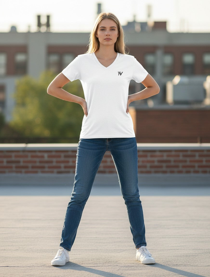 Fourthwave white 100% cotton unisex V-neck t-shirt with small black graphic logo on chest.