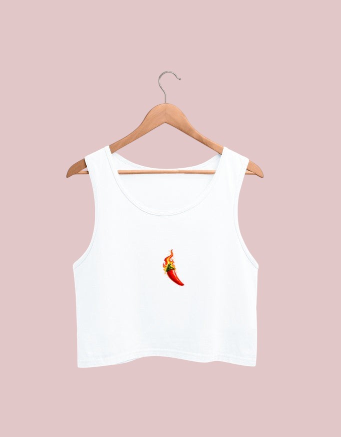 Fourthwave white cotton crop tank top with a red chili pepper on fire graphic print on the chest.