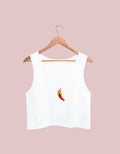Fourthwave white cotton crop tank top with a red chili pepper on fire graphic print on the chest.