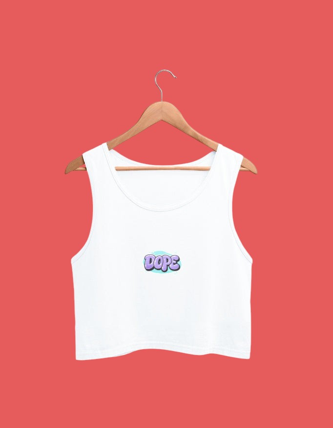 Fourthwave white cotton crop tank top with "DOPE" graphic in purple and blue bubble letters.