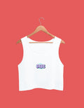 Fourthwave white cotton crop tank top with "DOPE" graphic in purple and blue bubble letters.