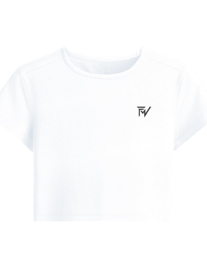Fourthwave white cropped baby tee made from a soft 240 GSM blend of 95% cotton and 5% spandex with a bio-wash finish.