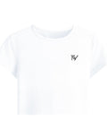 Fourthwave white cropped baby tee made from a soft 240 GSM blend of 95% cotton and 5% spandex with a bio-wash finish.