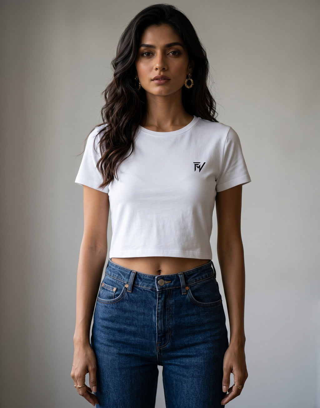 Fourthwave white cotton blend cropped t-shirt with crew neck and embroidered logo on chest.